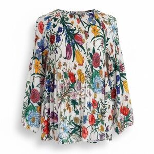 Charlie B Flowy Spring Floral Blouse Ruched Keyhole Front Semi Sheer Size L